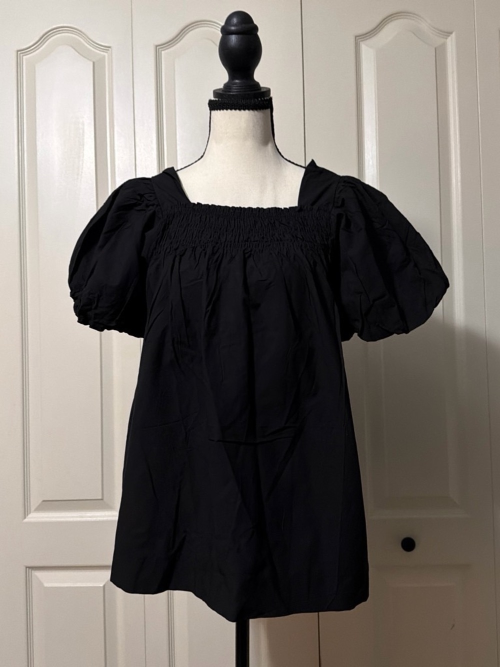 Smocked Square Neck Puff Sleeve Tunic - Black